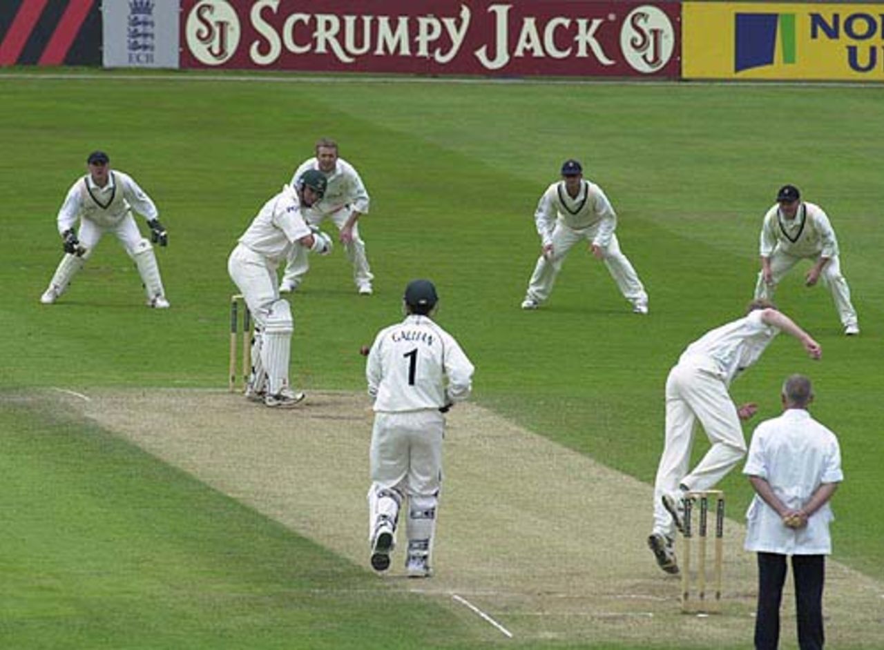 Darren Bicknell opens the Notts second innings as Kevin Dean bowls from the pavilion end., Notts v Derby, 12-15 Jun 2002