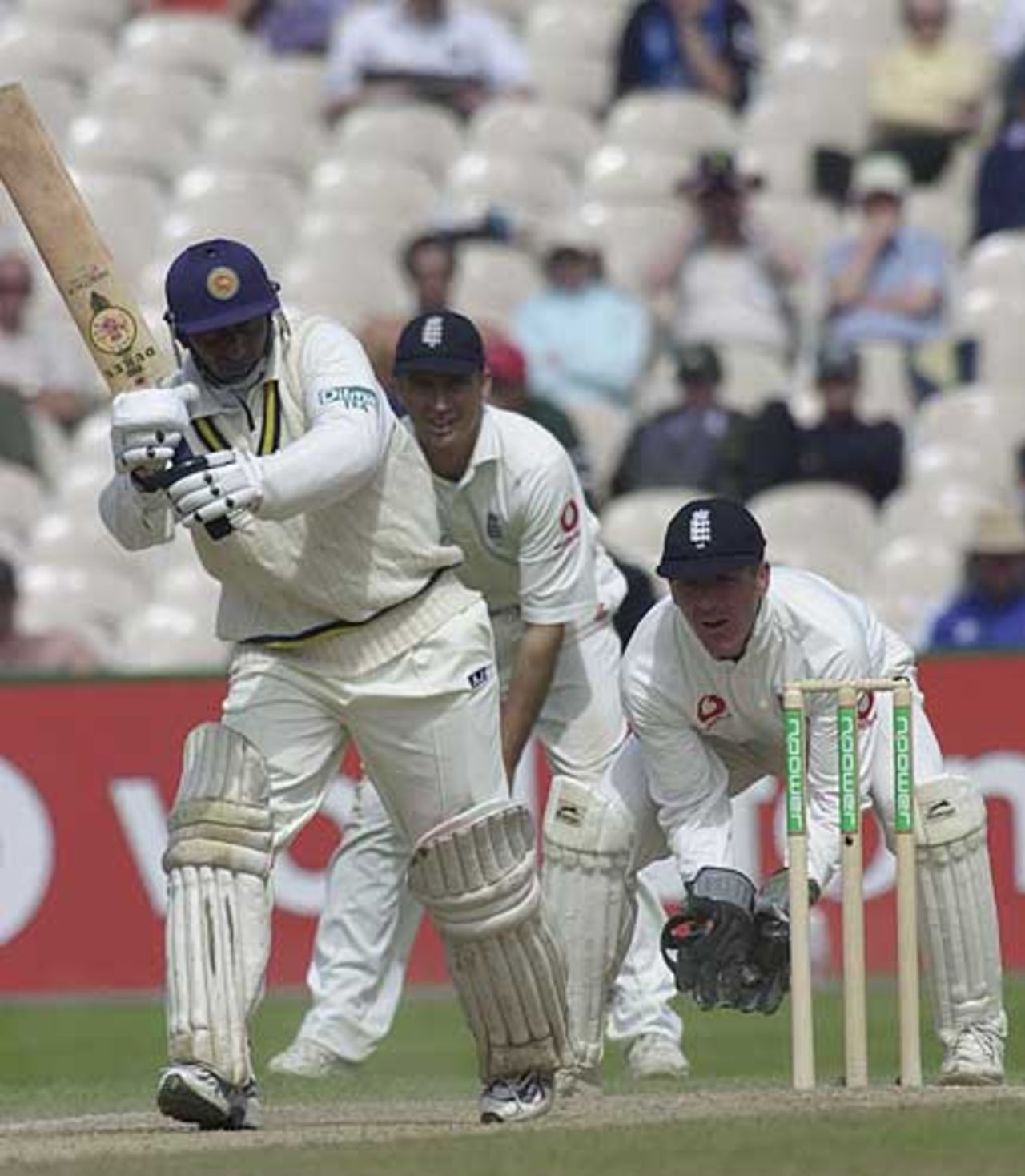 De Silva pushes forward in his last Test innings in England, England v Sri Lanka, third Test, Old Trafford, 17 Jun 2002