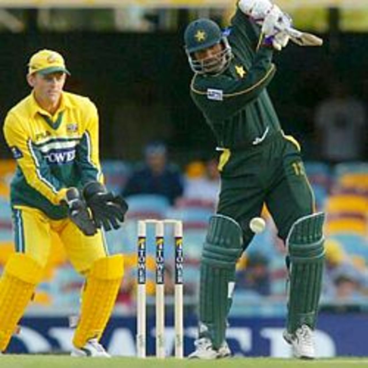 BRISBANE - JUNE 19: Yousuf Youhana of Pakistan plays a shot during Game Three of Super Challenge II between Australia and Pakistan played at the Gabba in Brisbane, Australia on June 19th, 2002.