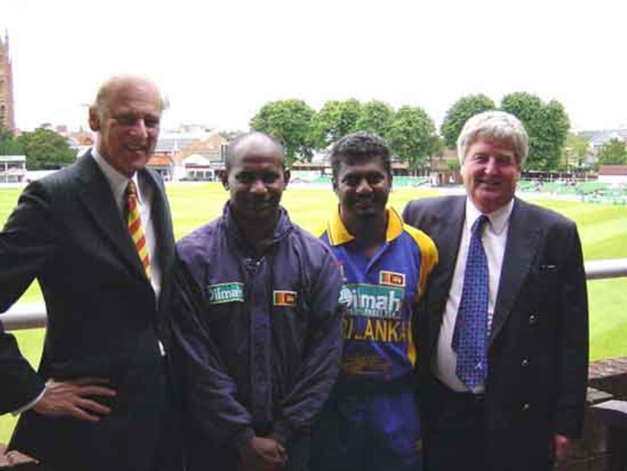 Pictured (left to right): Chris Ondaajte, Sanath Jayasuriya, Muttiah Muralitharan and Somerset Chief Executive Peter Anderson