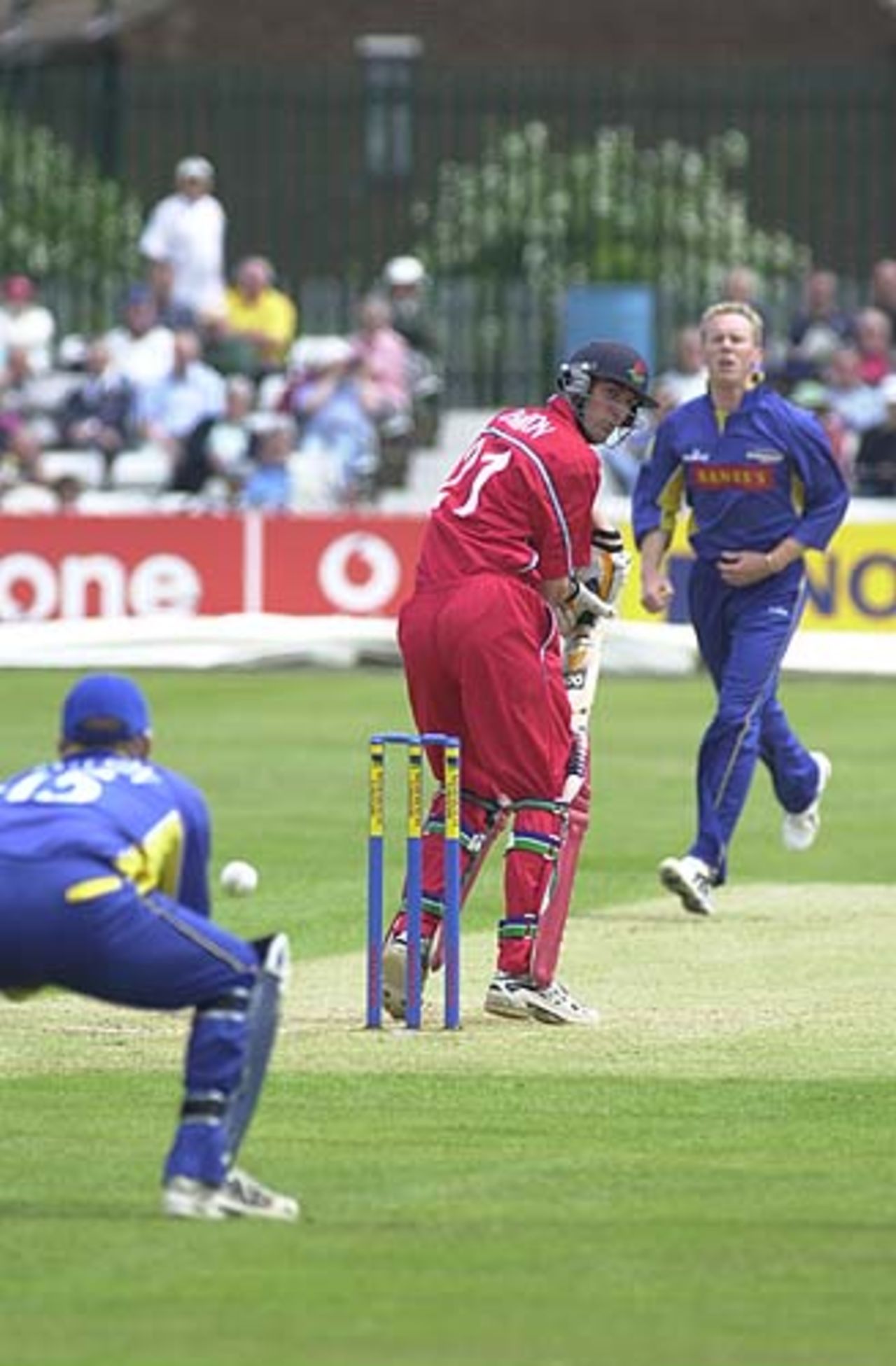 Mark Chilton sees a Kevin Dean delivery miss the outside edge, Derby v Lancashire 23rd June 2002