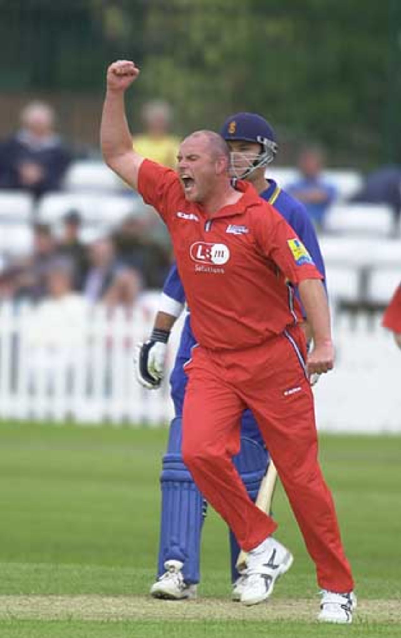 Lancashire's John Wood lets his feelings be known after bowling Andrew Gait for 16, Dernyshire v Lancashire June 2002