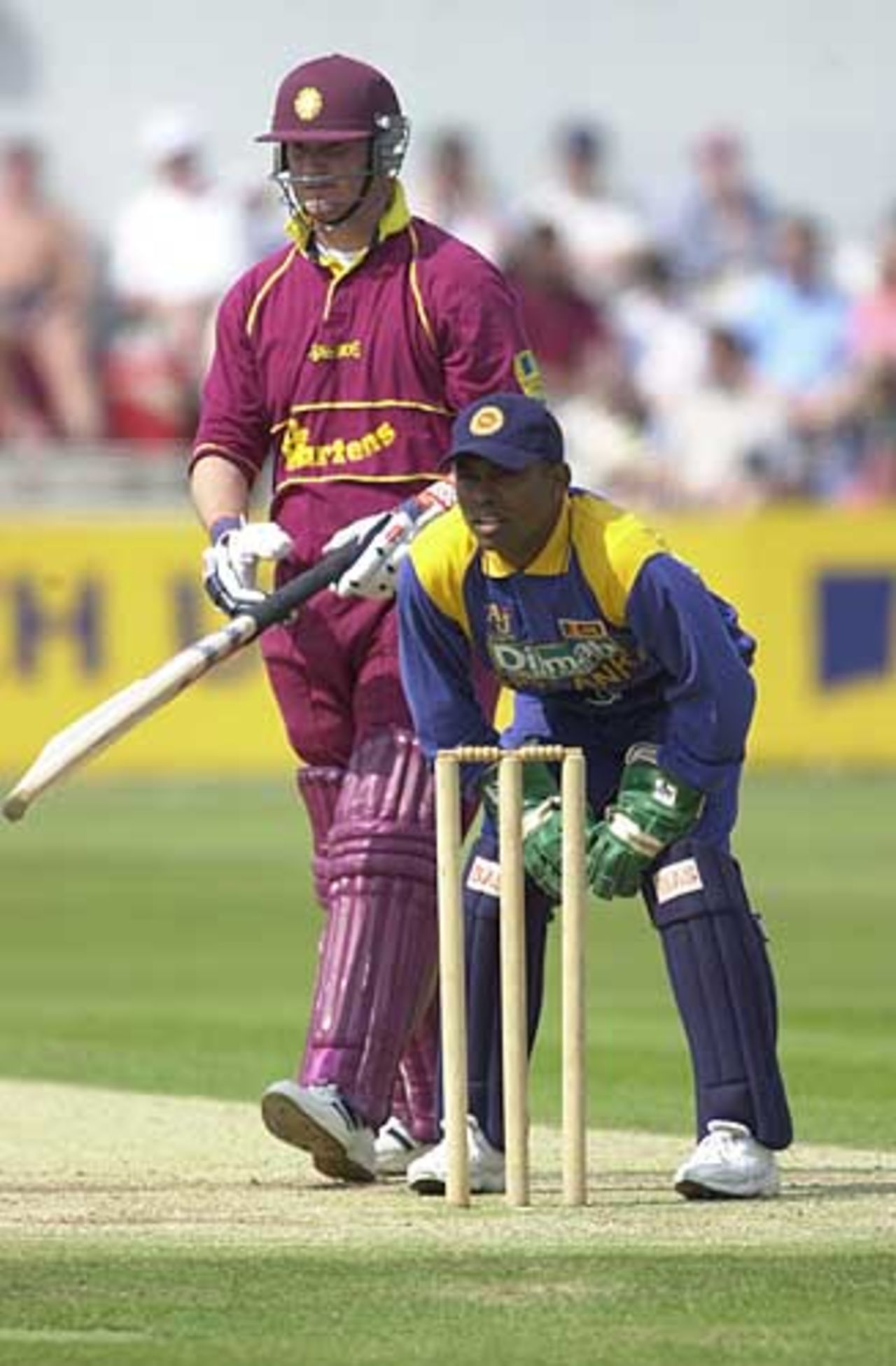 Kaluwitharana on stump patrol with David Sales, Northamptonshire v Sri Lankans, June 2002