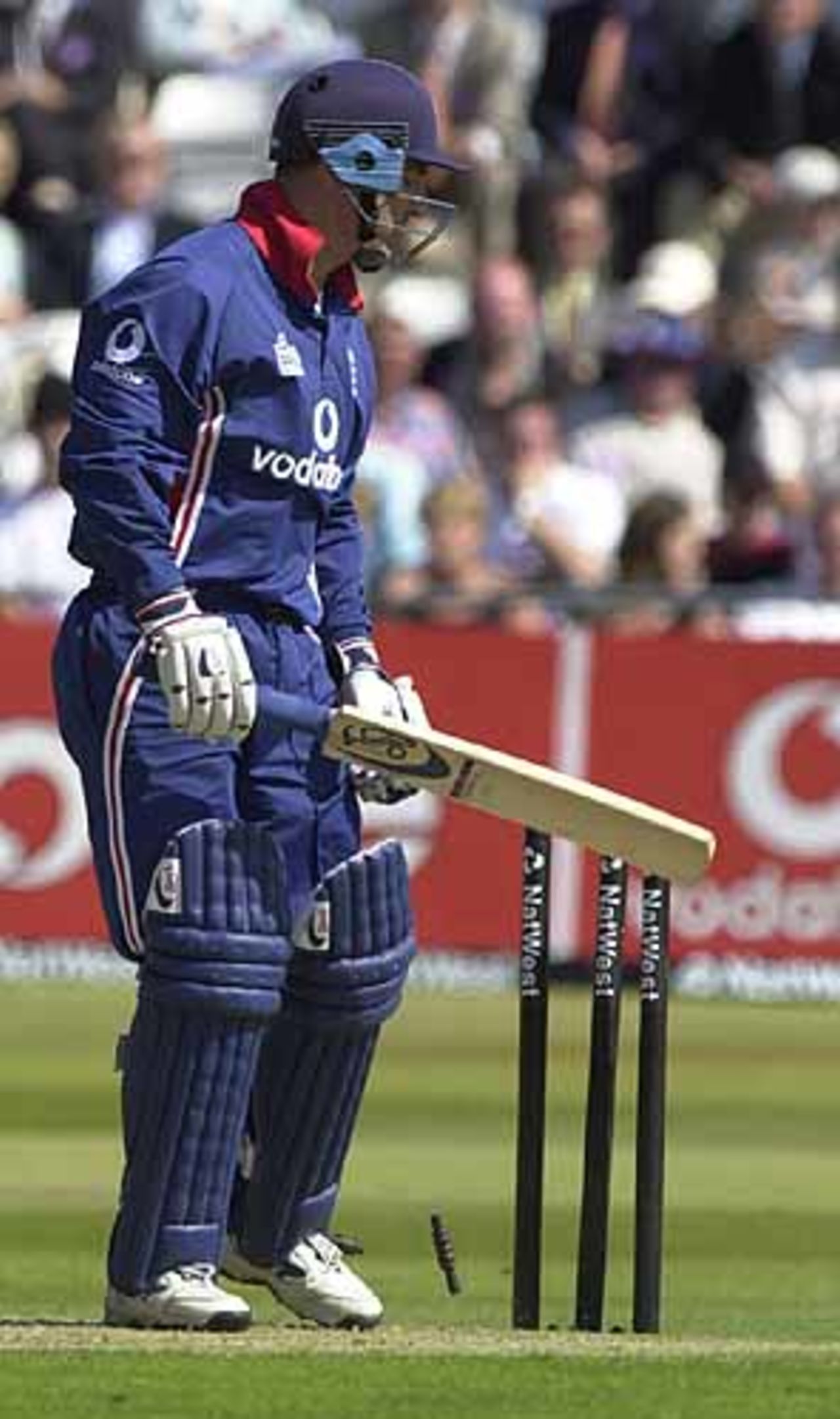 Graham Thorpe just cannot believe that he has been bowled for 18, England v Sri Lanka at Trent Bridge
