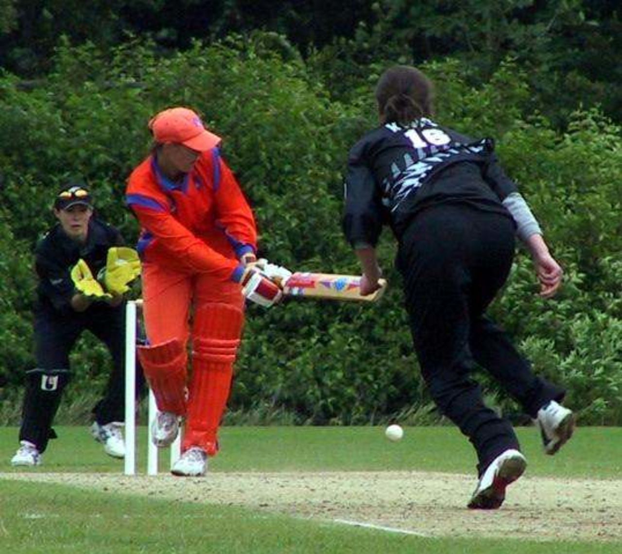 King bowling to Salomons, Netherlands Women v New Zealand Women, 28 June 2002