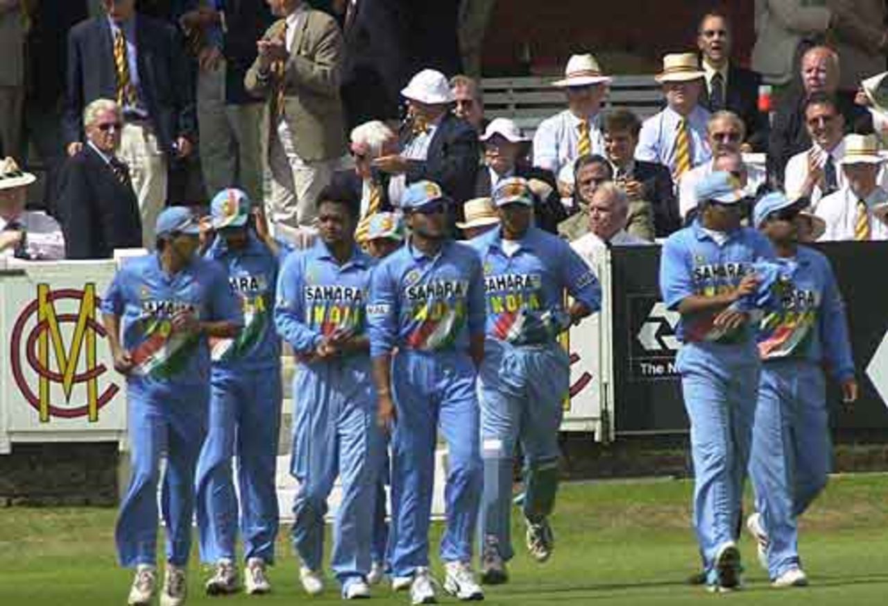 The Indians take to the field at the start of their NatWest series 2002 at Lord's