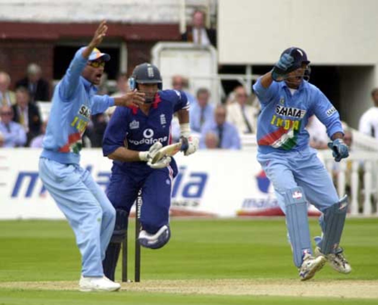 Kaif and Dravid appeal for leg-before against Hussain who scampers off for a single, England v India at Lord's, June 2002