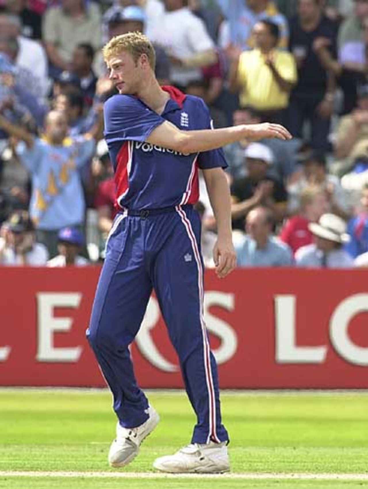 Flintoff is clearly fed up that his bowling is being despatched to all parts of the ground, England v India, NatWest Series, Lord's, Sat 29 Jun