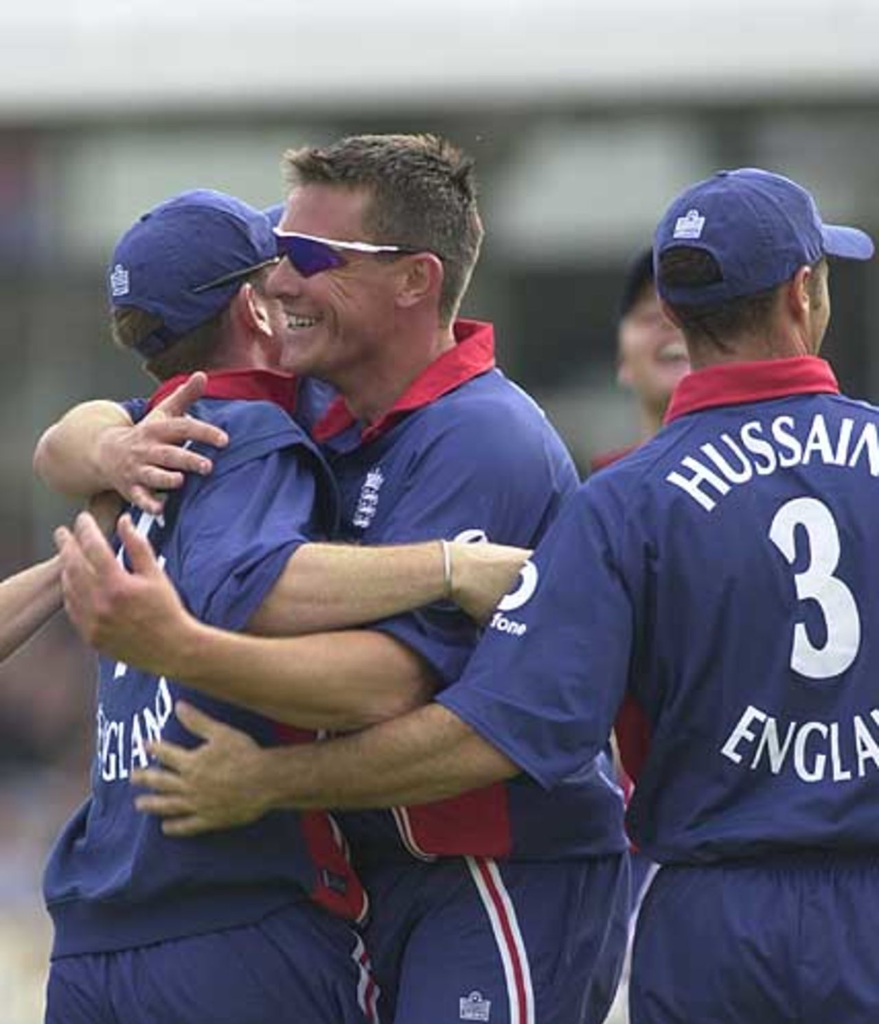 Giles and Kirtley hug after the latter has caught Ganguly on the boundary off the former, England v India, NatWest Series, Lord's, Sat 29 Jun
