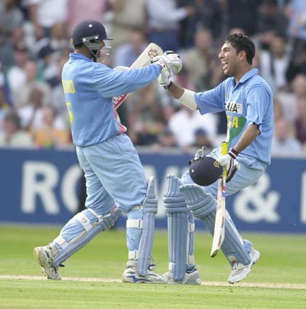Dravid, left, and Yuvraj Singh celebrate their match winning partnership, England v India, NatWest Series, Lord's, Sat 29 Jun