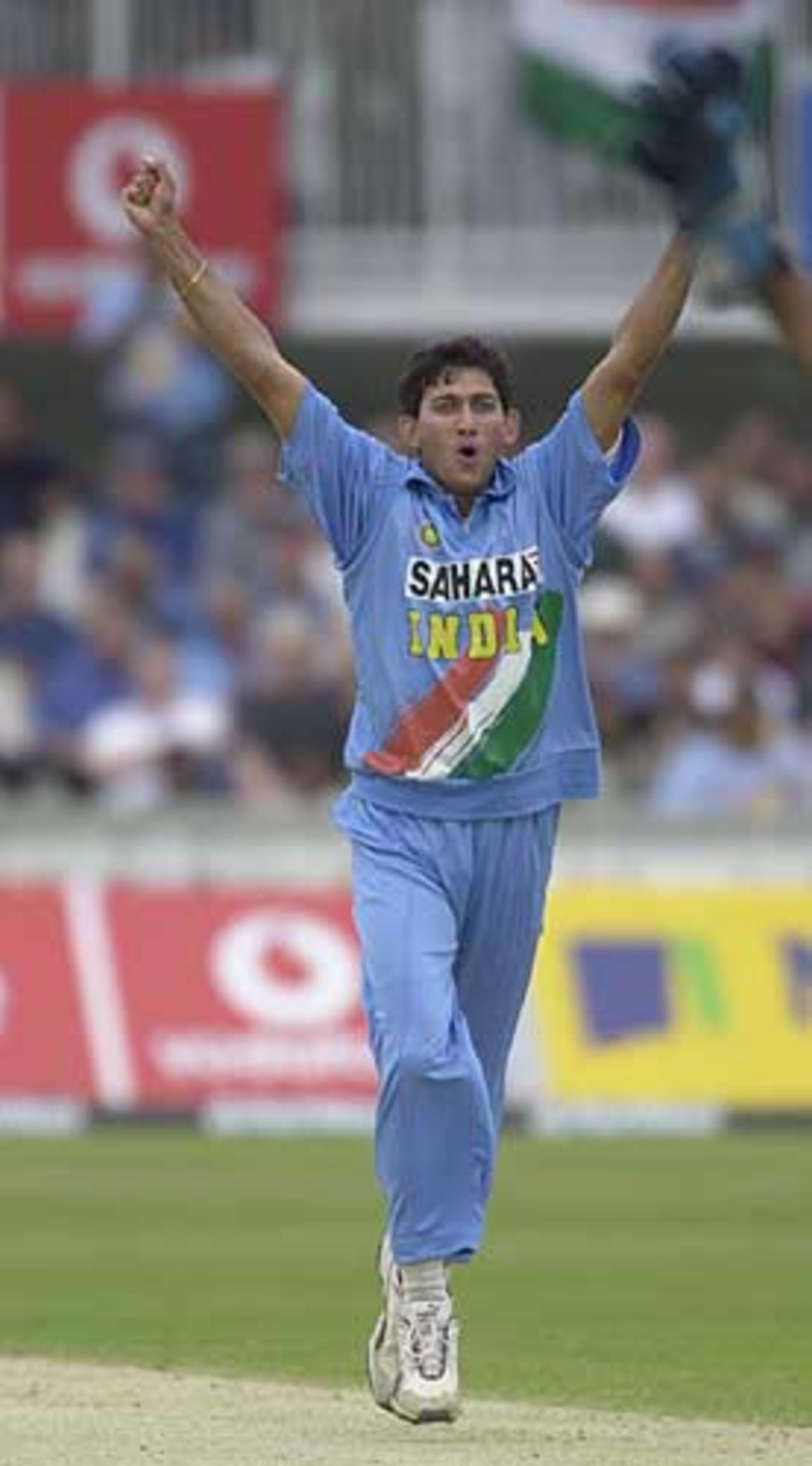 Joy for Agarkar in getting the wicket of Jayasuriya, India v Sri Lanka, The Oval June 2002