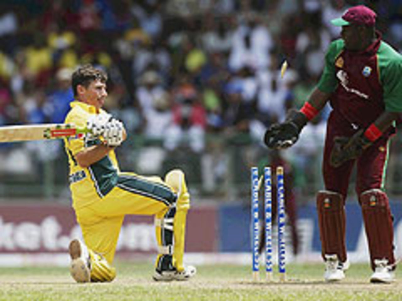 Going down: Brad Hogg is bowled as Australia slump to a third defeat against West Indies