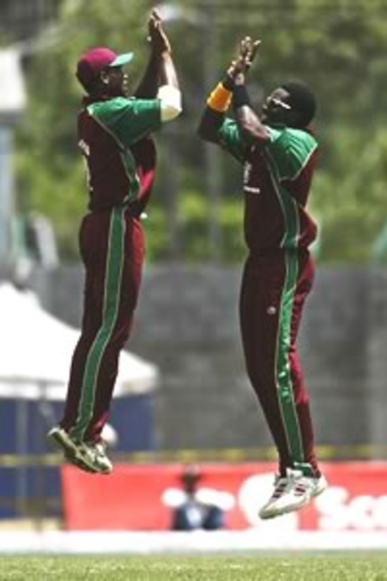 ST GEORGE'S, GRENADA - JUNE 1: Marlon Samuels and Chris Gayle of the West Indies celebrate the wicket of Brad Hogg of Australia during the 7th One Day International between the West Indies and Australia on June 1, 2003 at Queen's Park Stadium in St George's, Grenada.