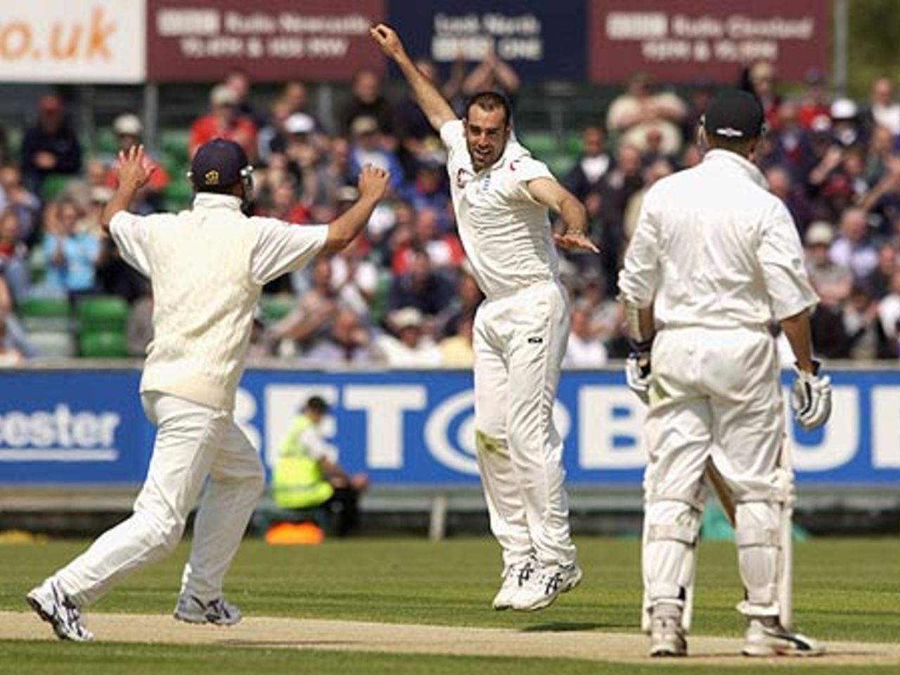 Richard Johnson celebrates taking Mark Vermeulen's wicket with his third ball in Test cricket, England v Zimbabwe, 2nd Test, June 6, 2003