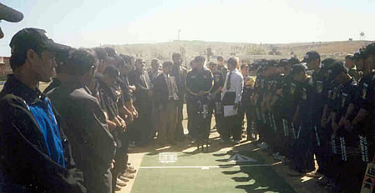 Teams lined-up during inauguration ceremony of the first Olympia Lube Oil Cricket Tournament held in Kabul, 5 - 20 May 2003. 14 teams from all over Afghanistan particpated.