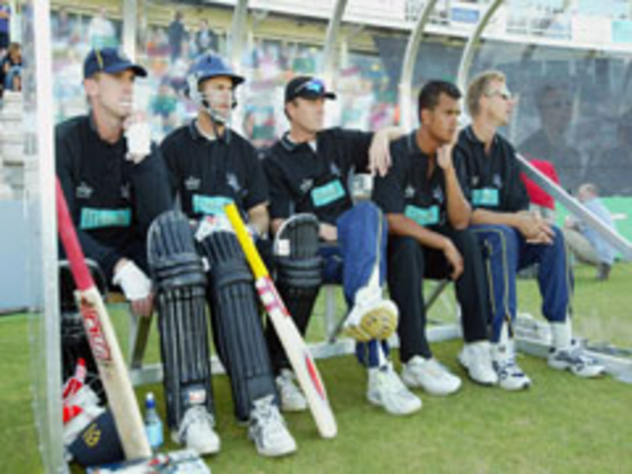 A whole new ball game: Hampshire players watch from the dugout in their Twenty20 match against Sussex at The Rose Bowl