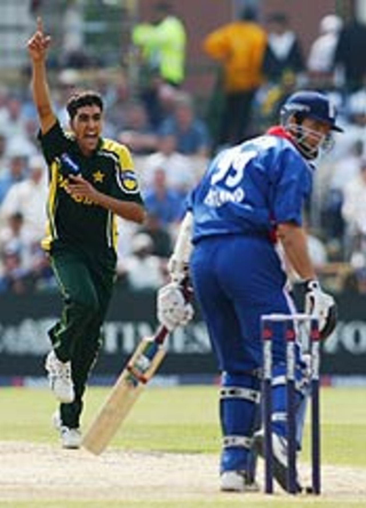 Umar Gul of Pakistan celebrates after taking the wicket of Michael Vaughan of England during the England v Pakistan NatWest Challenge match June 17, 2003