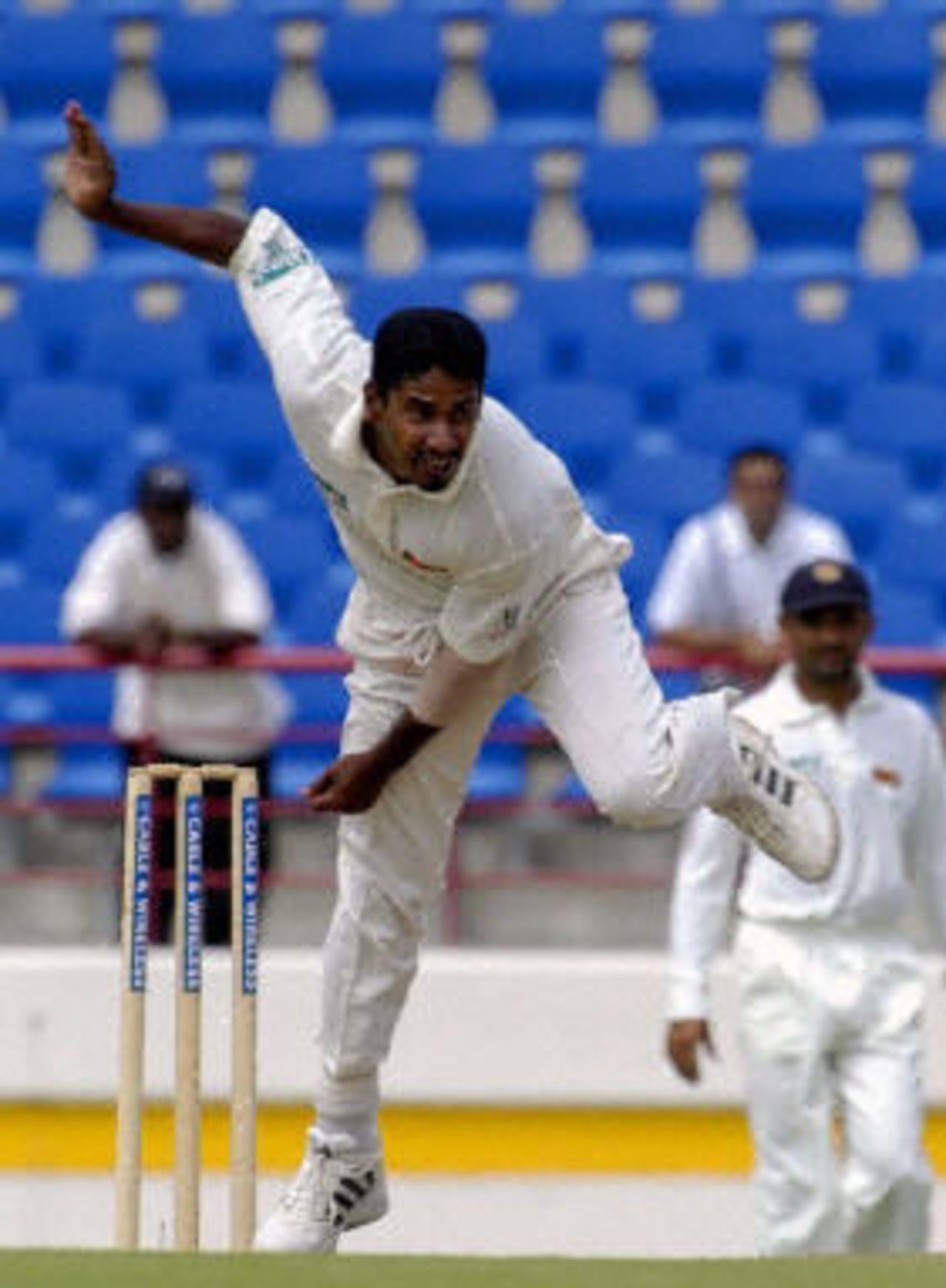 Chaminda Vaas in action on the third day of first Test match between Sri Lanka and West Indies at St Lucia.
