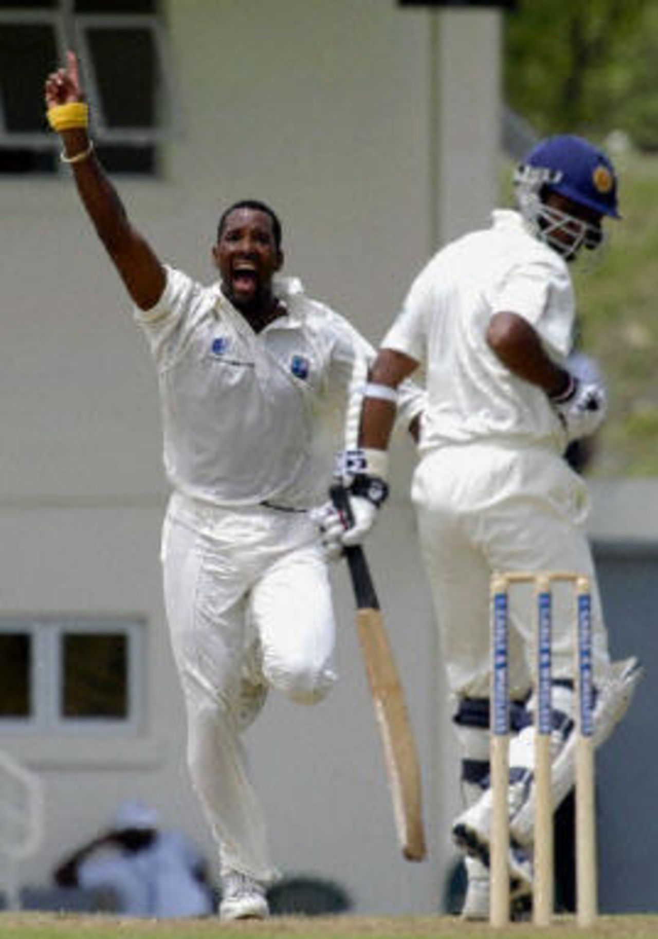 Corey Collymore celebrates wicket of Thilan Samaraweera caught by wicket keeper Ridley Jacobs first Test match between Sri Lanka and West Indies at St Lucia.