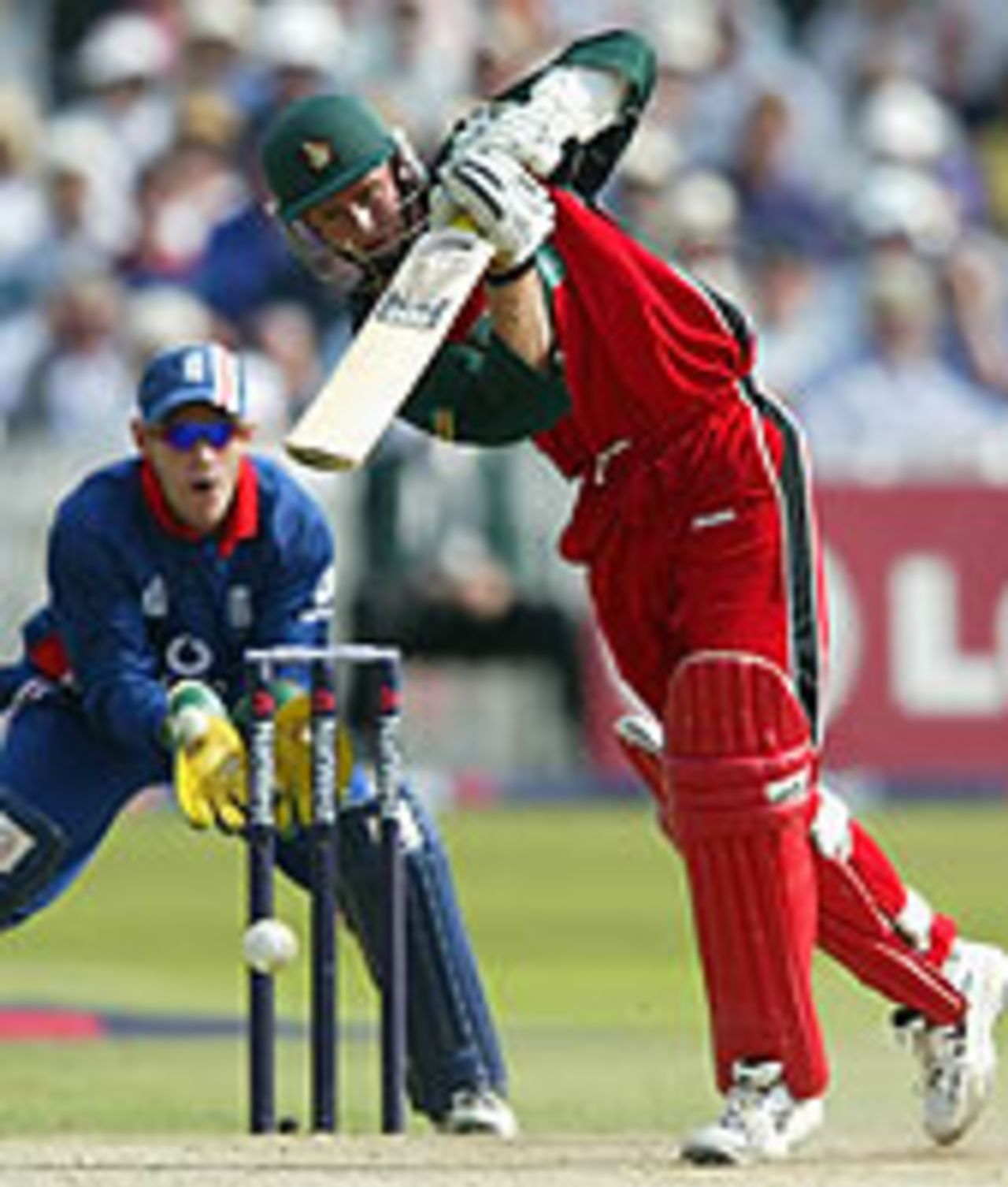 Grant Flower executes a fluent drive on his way to an unbeaten 96 in the NatWest Series match against England
