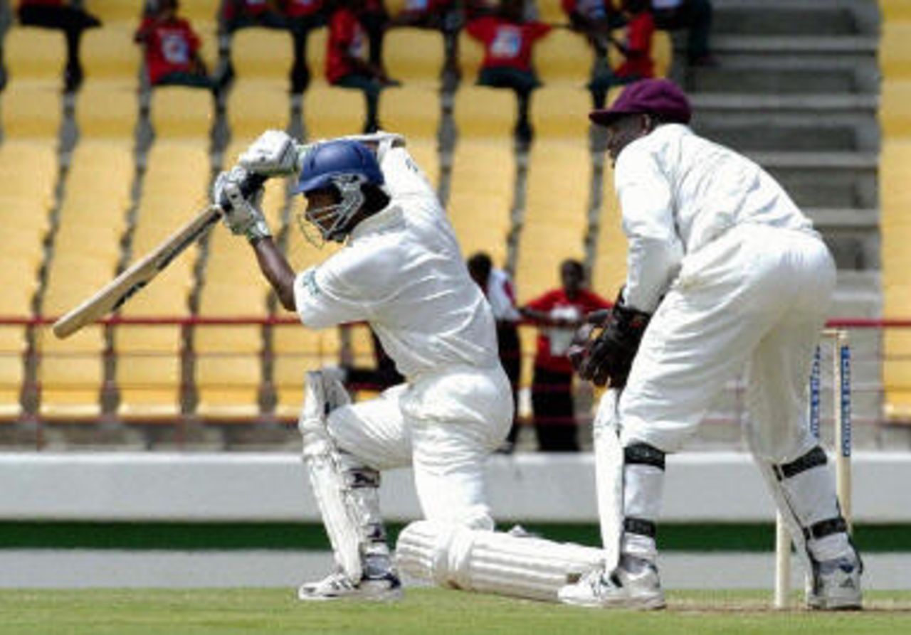 Kumar Sangakkara drives through the off-side during his first Test fifty at St Lucia