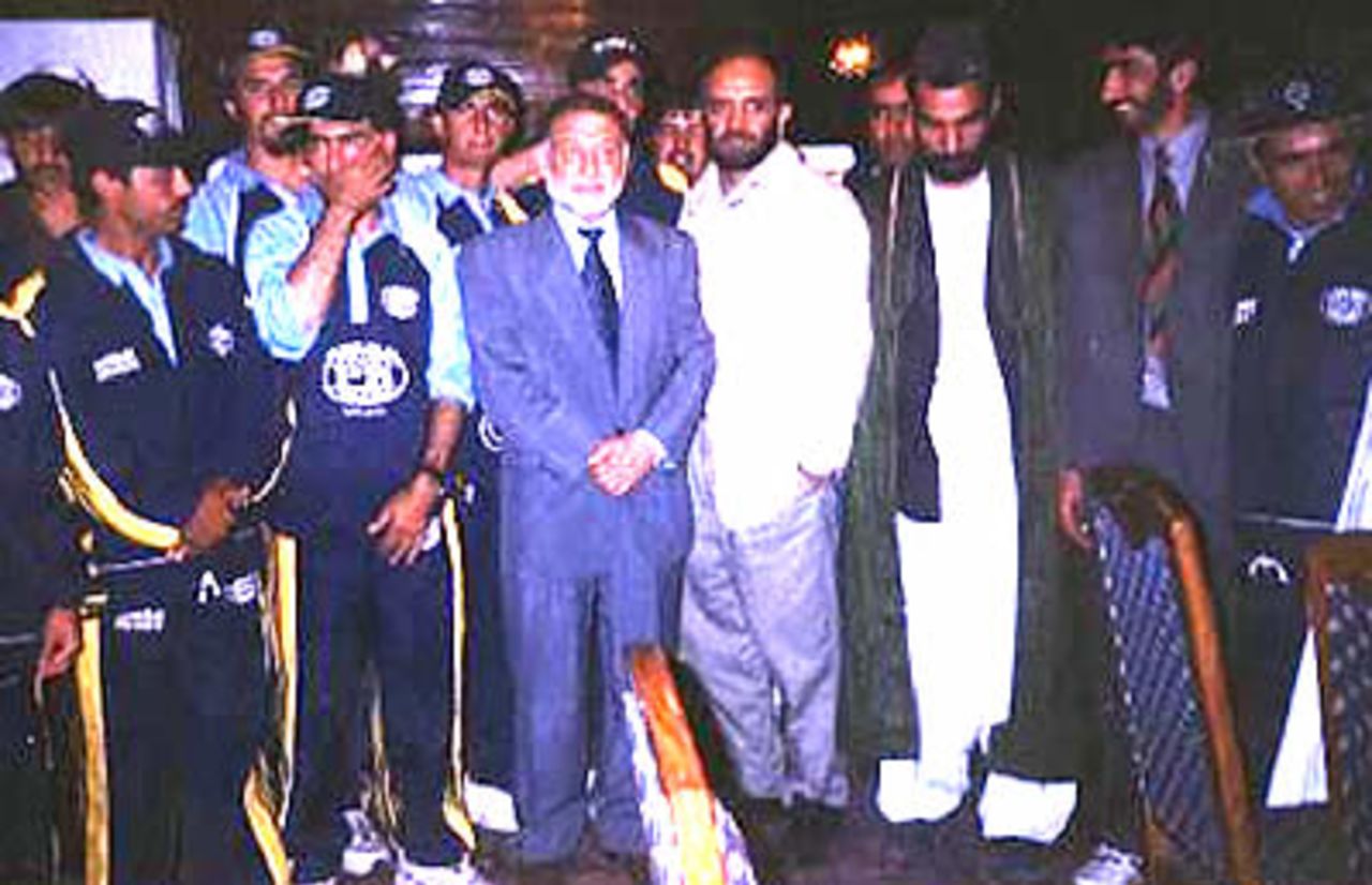 From left: Planning Minister Ahmad Yousaf Nooristani (suit), President of National Sports Committee Mohammad Anwer Jigdalak, Ministerial Advisor Shahzada Masood, ACF President Allah Dad Noori and others during the ACF Annual General Meeting held in Kabul, 25 July 2003.