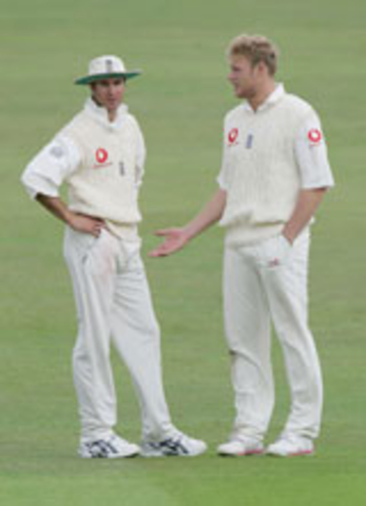 A bemused Michael Vaughan with Andrew Flintoff, England v New Zealand, 2nd Test, Headingley, June 4, 2004