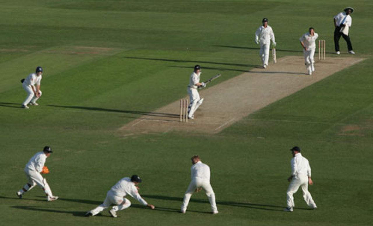Marcus Trescothick dives to take a one-handed catch to dismiss Brendon McCullum off Stephen Harmison, England v New Zealand, 2nd Test, Headingley, June 6, 2004