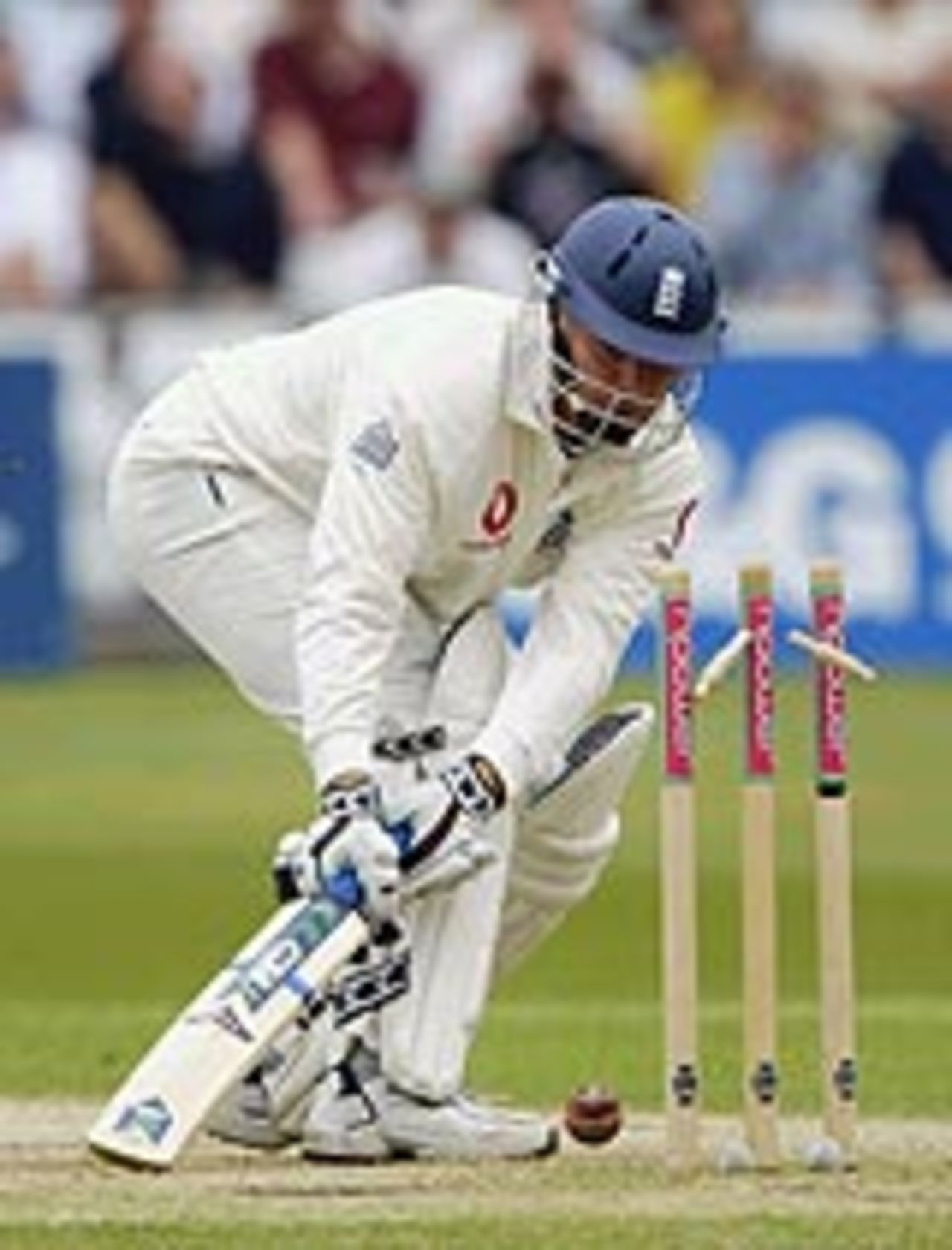 Martin Saggers is bowled by a slower ball, England v New Zealand, Trent Bridge, 3rd day, June 11, 2004