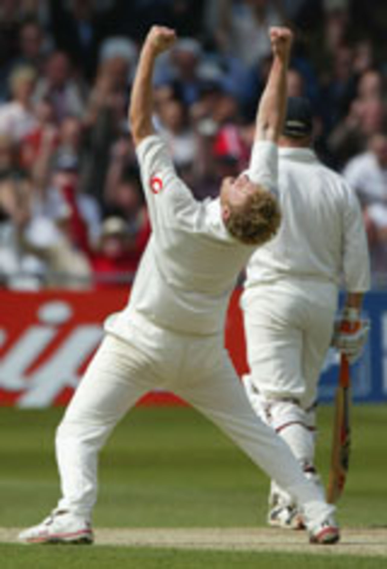 A fired-up Andrew Flintoff celebrates a wicket, England v New Zealand, 3rd Test, Trent Bridge, June 12 2004