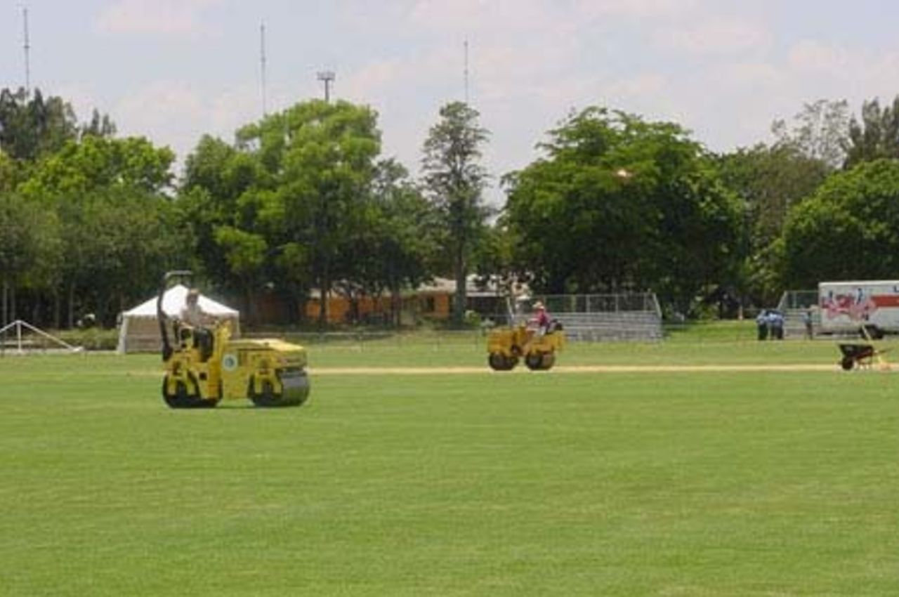Workers preparing the pitch and outfield at Brian Picollo Park, ICC Intercontinental Cup, May 2004