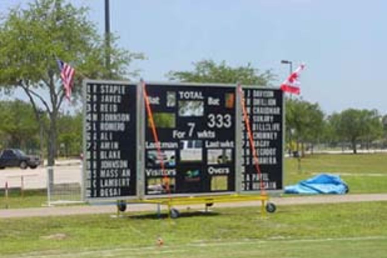 Scoreboard at Brian Picollo Park, ICC Intercontinental Cup, May 2004