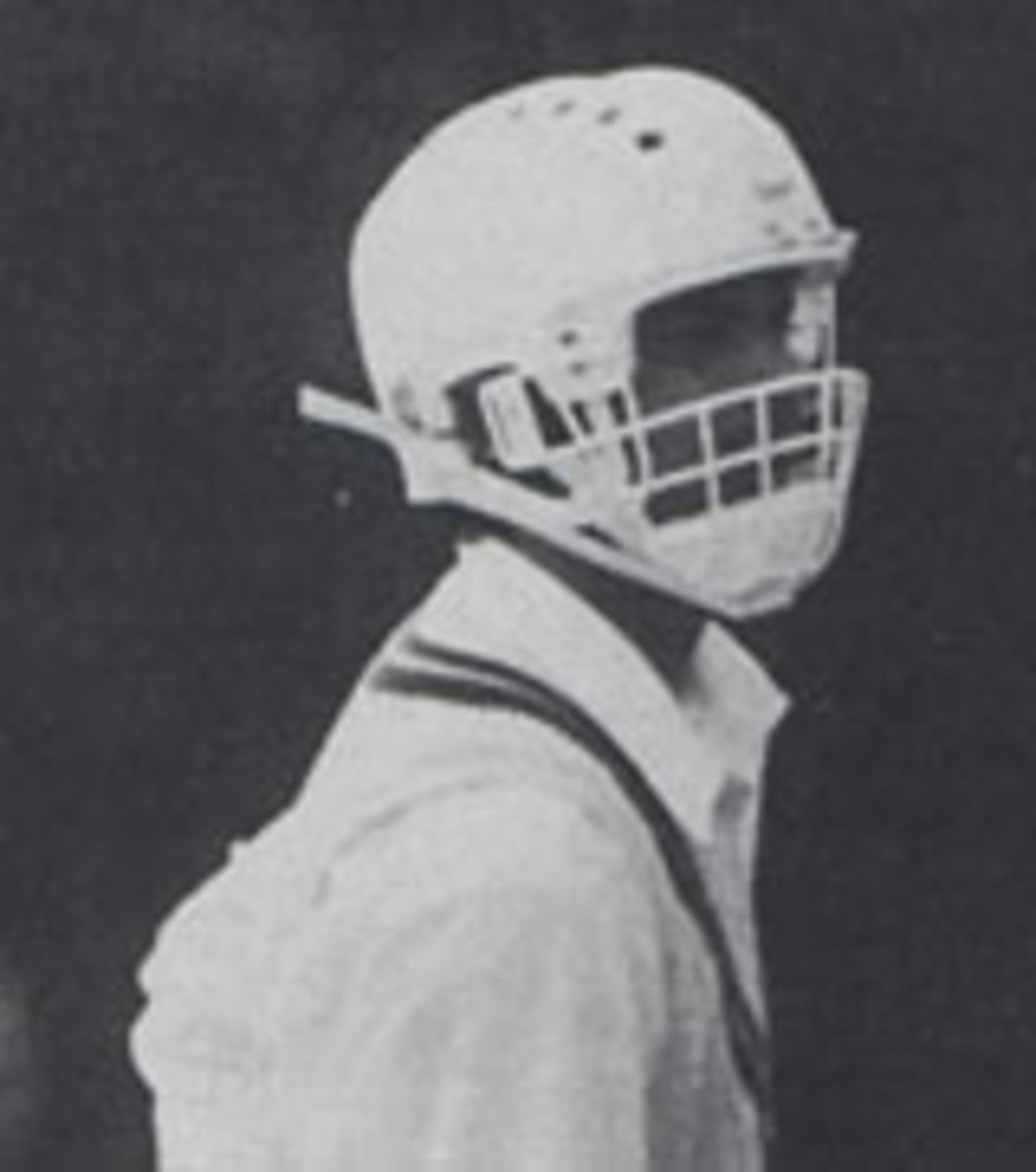 Faoud Bacchus batting in a prototype helmet, 1979