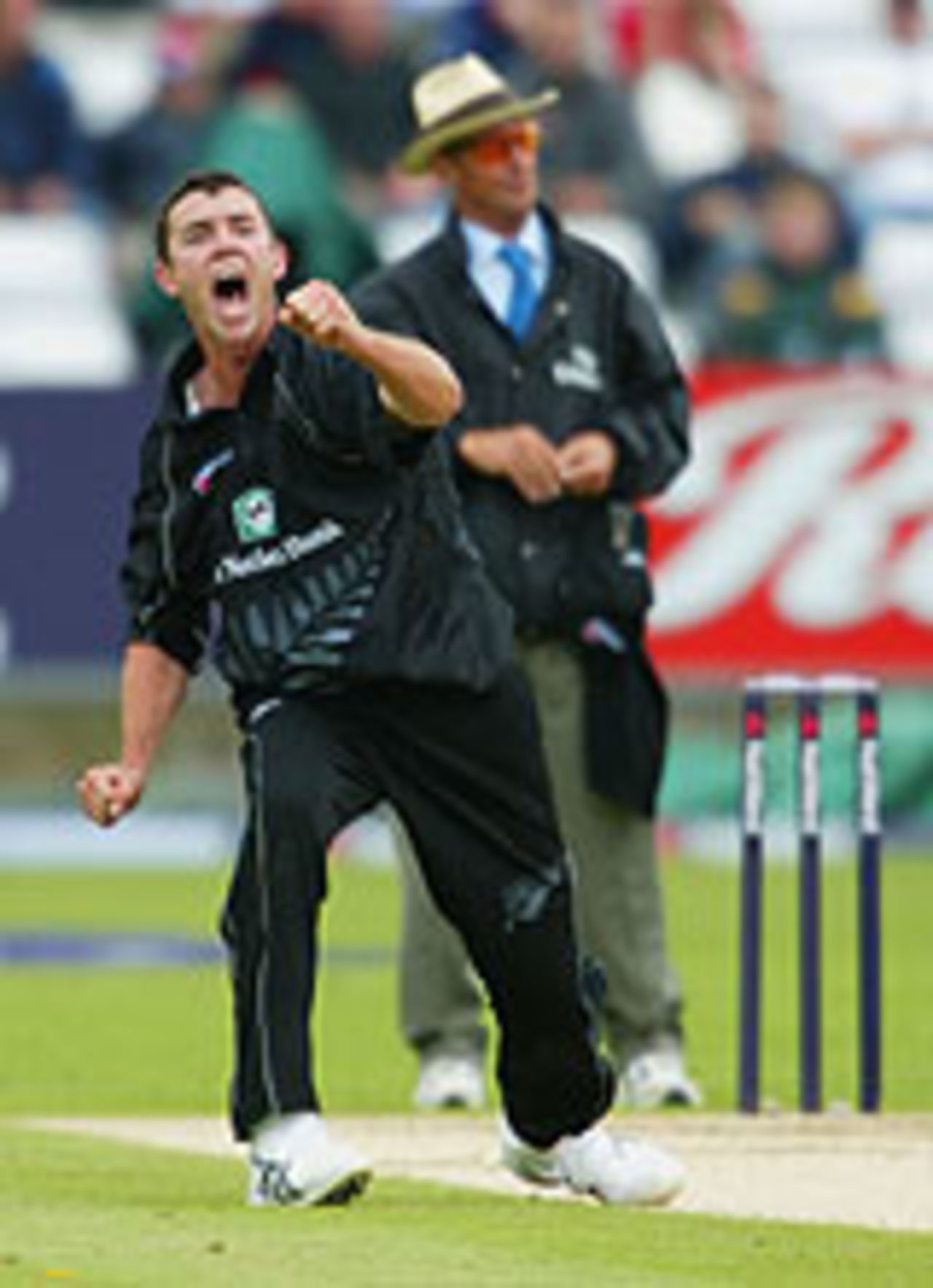 James Franklin celebrates another wicket, en route to his career-best figures of 5 for 42 at Chester-le-Street, England V New Zealand, NatWest Series, 29 June 2004