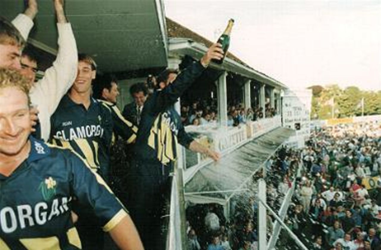 A scene from the balcomy at Canterbury after Glamorgan had become Sunday league Champions in 1993. Tony Cottey and David Hemp are the two happy players facing the crowd.