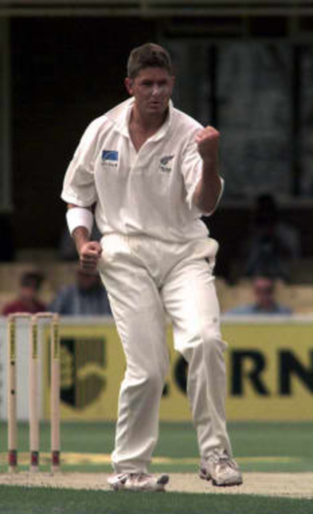 Geoff Allott celebrates Alec Stewart's dismissal New Zealand in England, 1999, 1st Test, England v New Zealand,  Edgbaston, Birmingham,  2 July 1999.