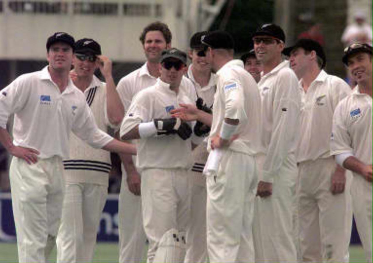 The New Zealand team enjoy a TV replay of an England wicket New Zealand in England, 1999, 1st Test, England v New Zealand, Edgbaston, Birmingham, 2 July 1999.