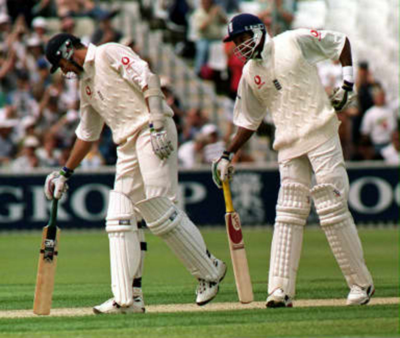 Andrew Caddick and Alex Tudor examine the wicket during their partnership New Zealand in England, 1999, 1st Test, England v New Zealand, Edgbaston, Birmingham, 2 July 1999.