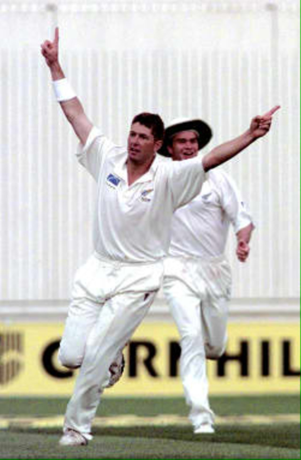 Allott celebrates dismissing Alec Stewart twice on Day 2 New Zealand in England, 1999, 1st Test, England v New Zealand,  Edgbaston, Birmingham,  2 July 1999.