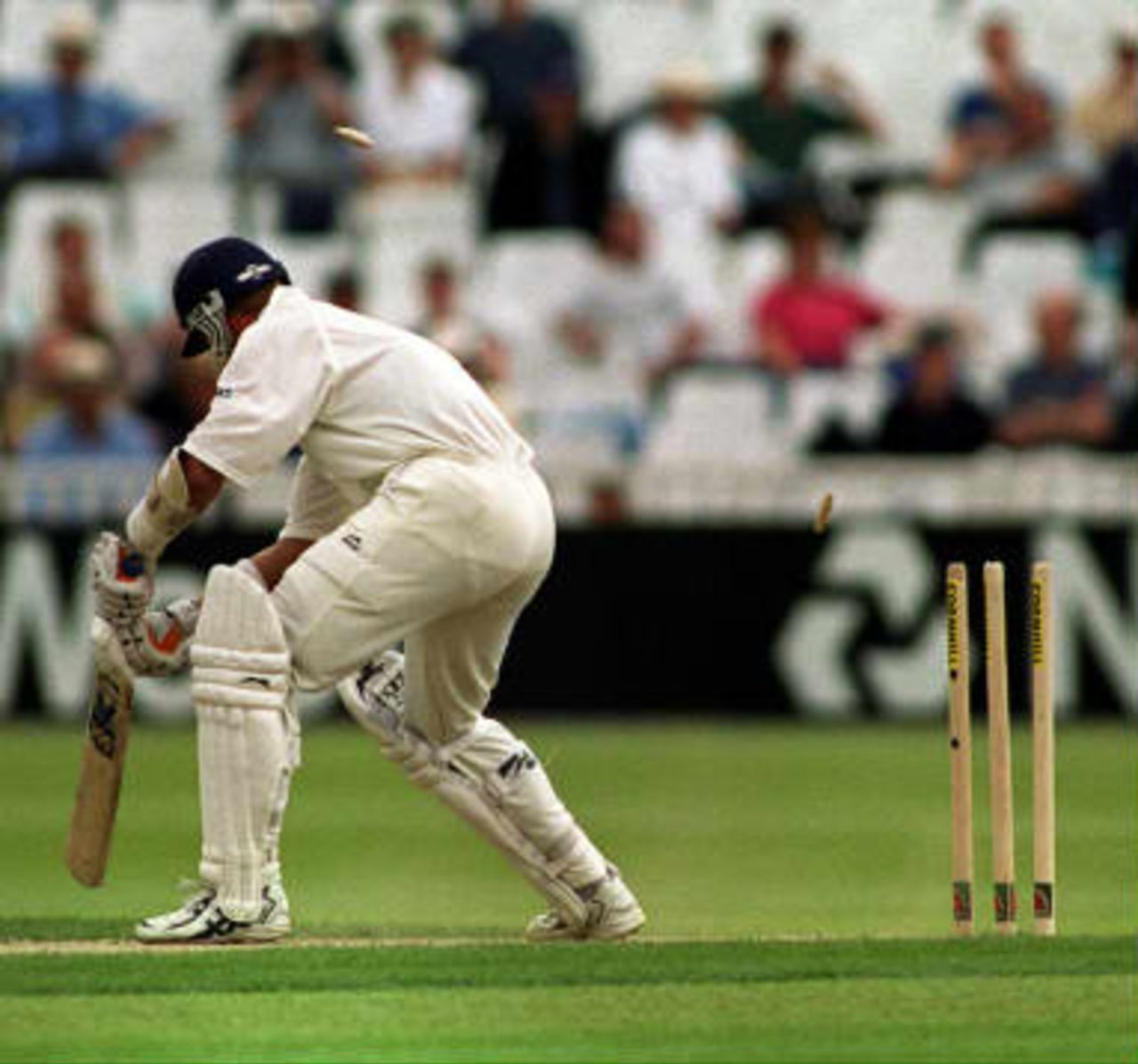 Stewart is bowled for a duck - out twice in a day.. New Zealand in England, 1999, 1st Test, England v New Zealand, Edgbaston, Birmingham, 2 July 1999.