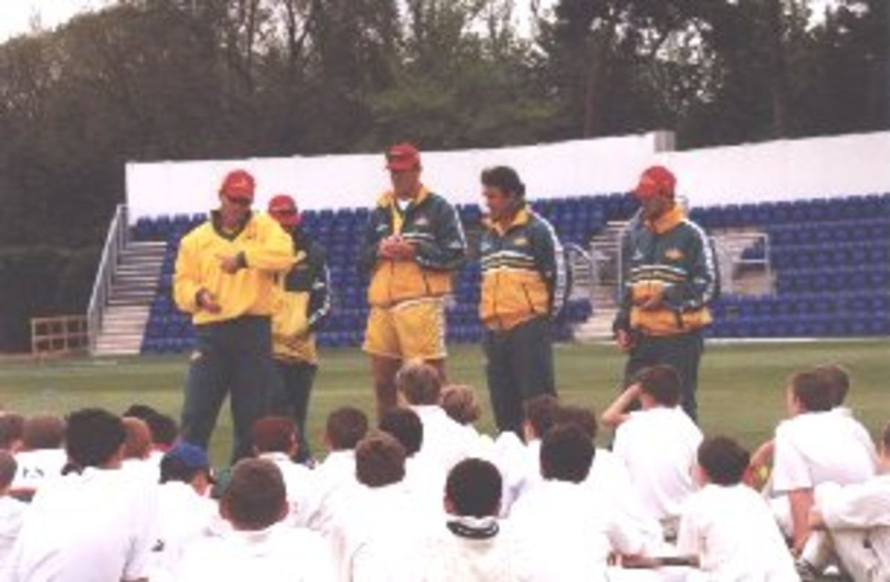Mark Waugh gives advice on batting, watched by Tom Moody, Geoff Marsh and Ricky Ponting during the coaching clinic for young Welsh cricketers at Sophia Gardens in May 1999.