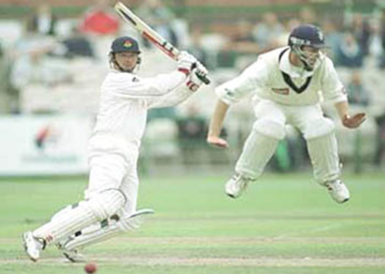 Warren Hegg cuts the ball as the silly point fielder takes evasive action, PPP healthcare County Championship Division One, 2000, Lancashire v Yorkshire, Old Trafford, Manchester, 29Jun-02Jul 2000 (Day 2).
