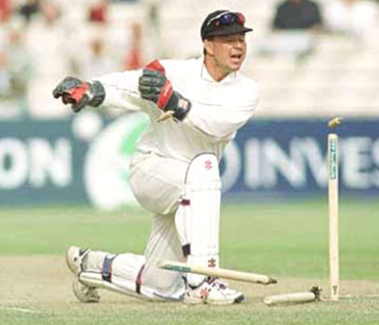 Warren Hegg shatters the stumps to run McGrath out, PPP healthcare County Championship Division One, 2000, Lancashire v Yorkshire, Old Trafford, Manchester, 29Jun-02Jul 2000 (Day 2).
