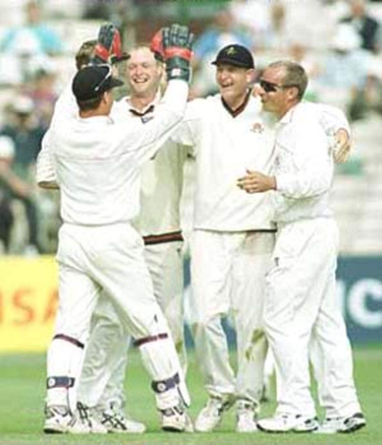 Gary Yates celebrates with team mates after running out Anthony McGrath, PPP healthcare County Championship Division One, 2000, Lancashire v Yorkshire, Old Trafford, Manchester, 29Jun-02Jul 2000 (Day 2).
