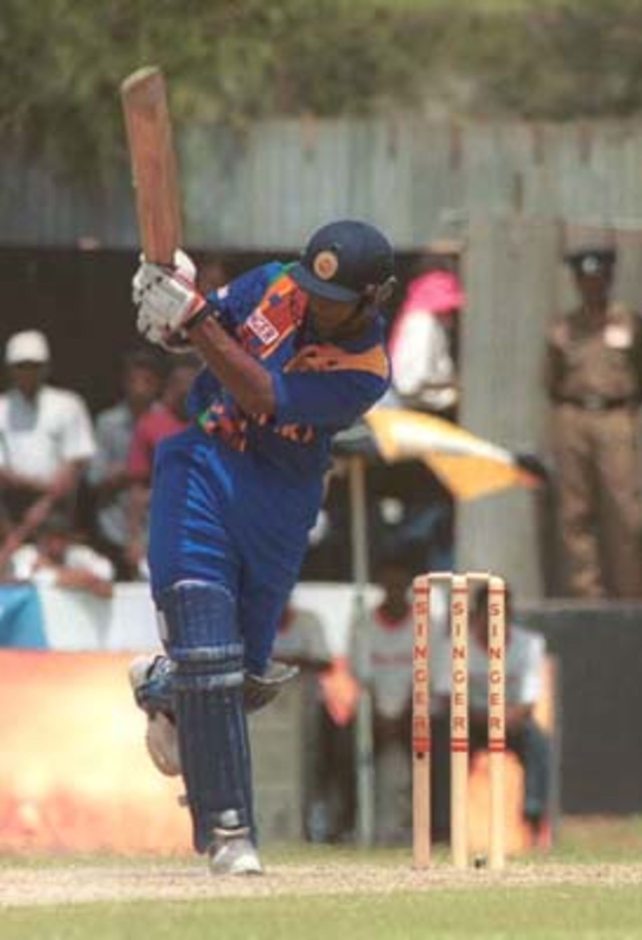 Sri Lankan batsman Kumar Sangakkara bats during Singer Cup Triangular limited over cricket match between Sri Lanka and South Africa in Galle international stadium in Galle Sri Lanka on Thursday, July. 6, 2000