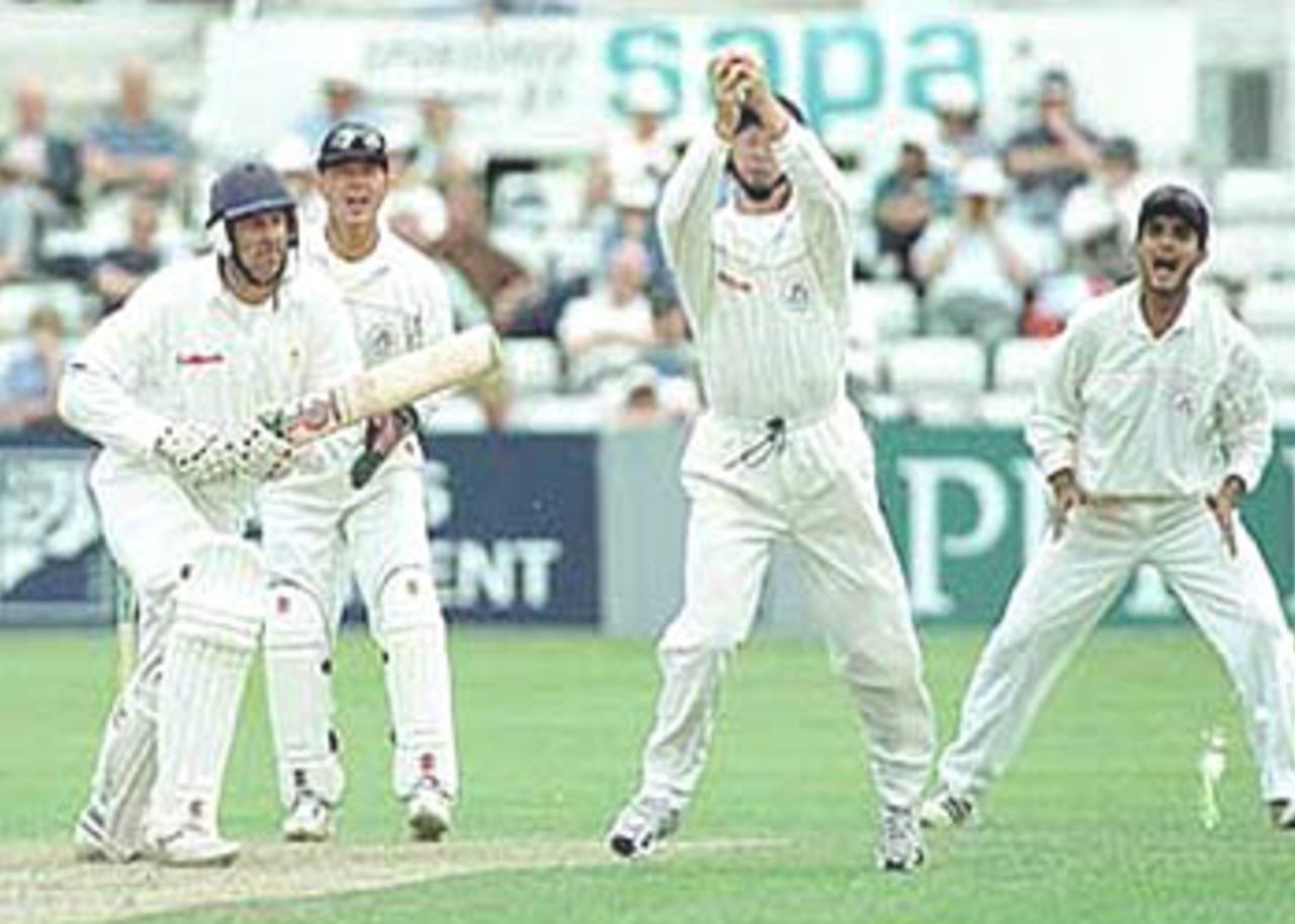 Neil Fairbrother snaps up the wicket of Mark Saxelby, PPP healthcare County Championship Division One, 2000, Derbyshire v Lancashire, County Ground, Derby, 07-10 July 2000 (Day 1).