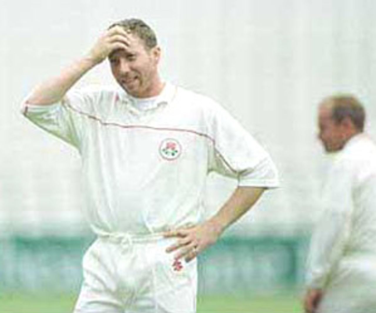 Mike Atherton can't believe he has dropped another catch at slip, PPP healthcare County Championship Division One, 2000, Derbyshire v Lancashire, County Ground, Derby, 07-10 July 2000 (Day 1).