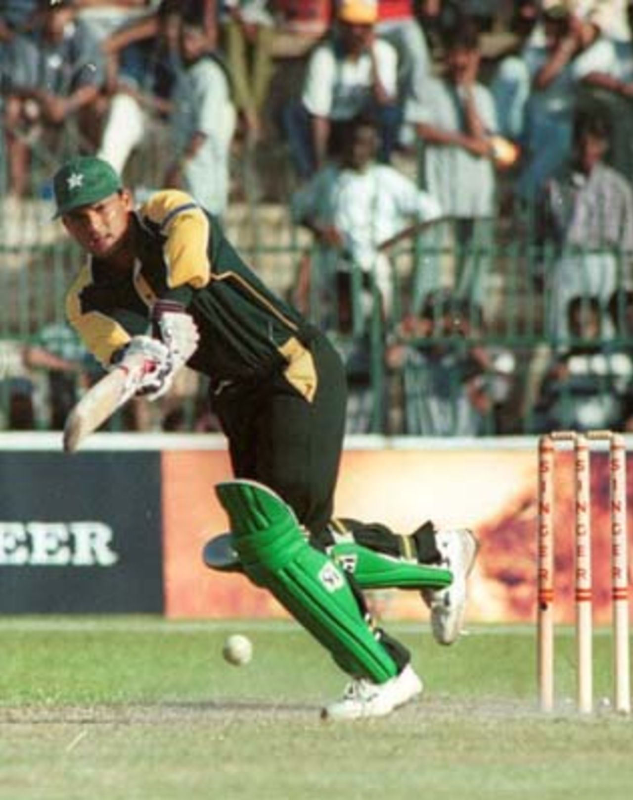 Moin Khan turns the ball to the on-side, Singer Triangular Series, 2000, 4th Match, Sri Lanka v Pakistan, R.Premadasa Stadium, Khettarama, Colombo, 09 July 2000.