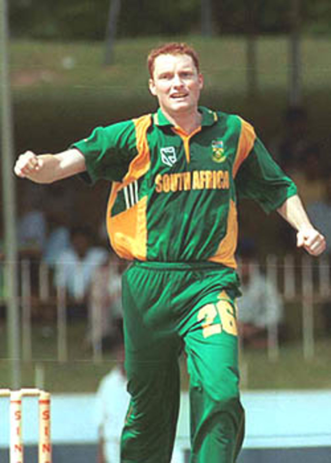 Terbrugge pumps his fist after picking up a Pakistani wicket. Singer Triangular Series, 2000/01, 6th Match, Pakistan v South Africa, Sinhalese Sports Club Ground, Colombo 12 July 2000.