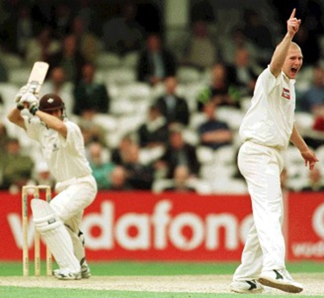 12 July 2000. Matthew Hoggard of Yorkshire appeals successfully for lbw against Jonathan Batty of Surrey on the first day of the PPP Healthcare Division One County Championship match at the Oval in London.